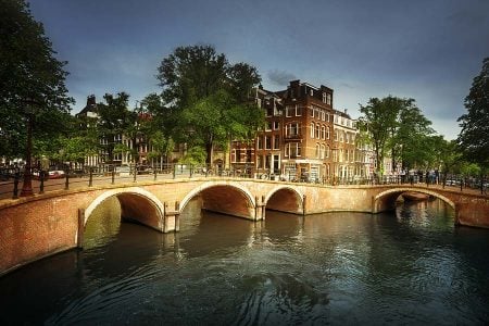 Amsterdam canals with bridge.