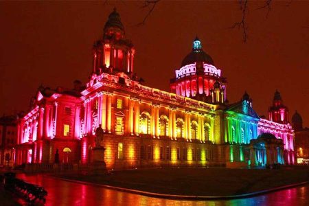 LGBTQ, Belfast City Hall in rainbow colours.
